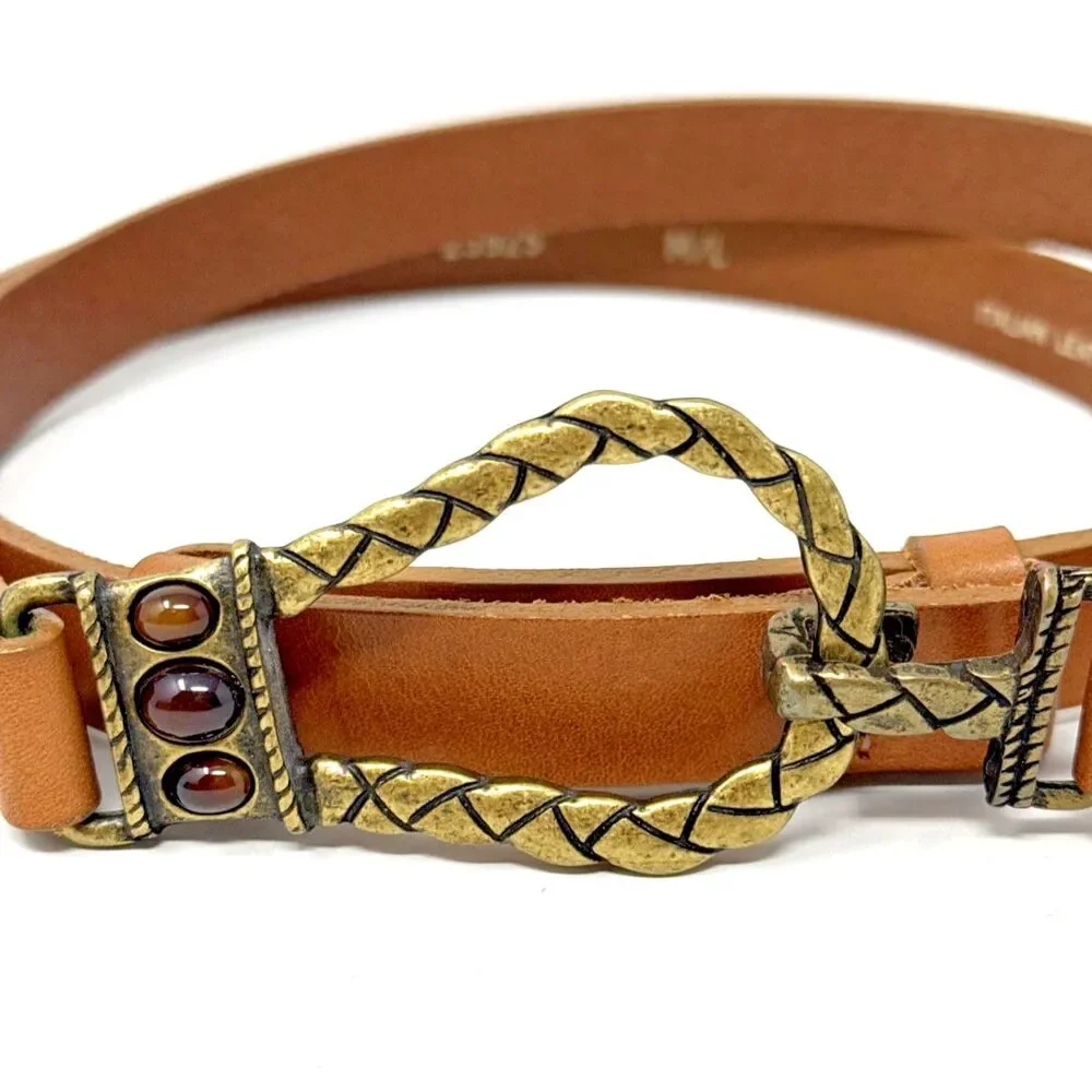CHICO'S Leather & Brass Hook Buckle Belt Womens M/L Brown Gemstones Adjustable